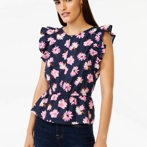 NWT Free Assembly Navy and Pink Floral Peplum Ruffle Cap Sleeve Top. XL (16/18).